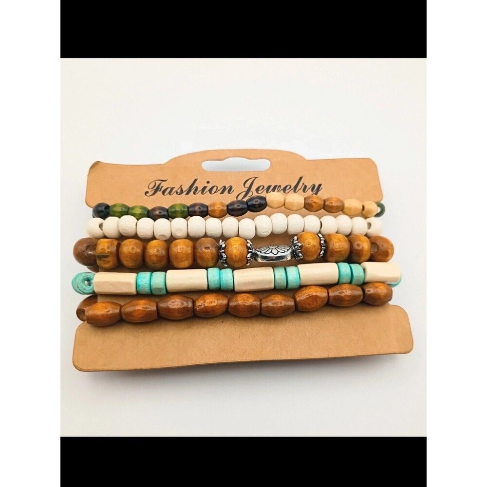 Boho Wooden Bead Bracelet Set (5 Pack)